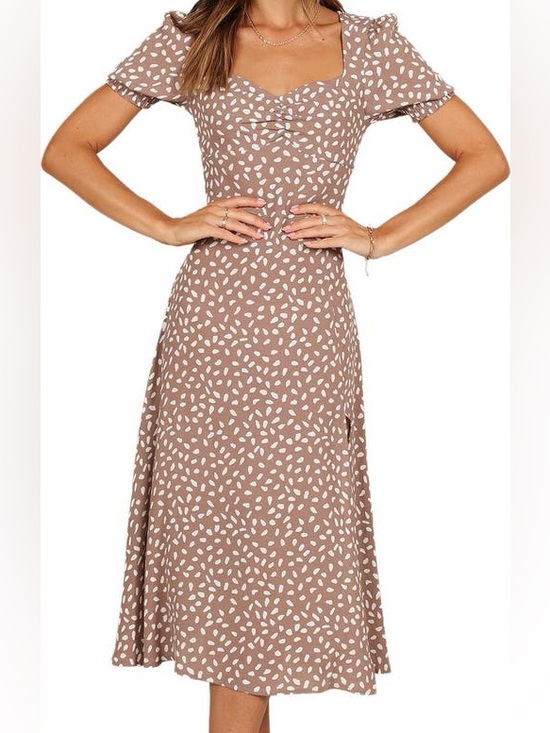 Petal & Pup Dresses & Skirts - Petal & Pup Franklin Puff Sleeve Side Slit Taupe Sweatheart Neckline Midi Dress